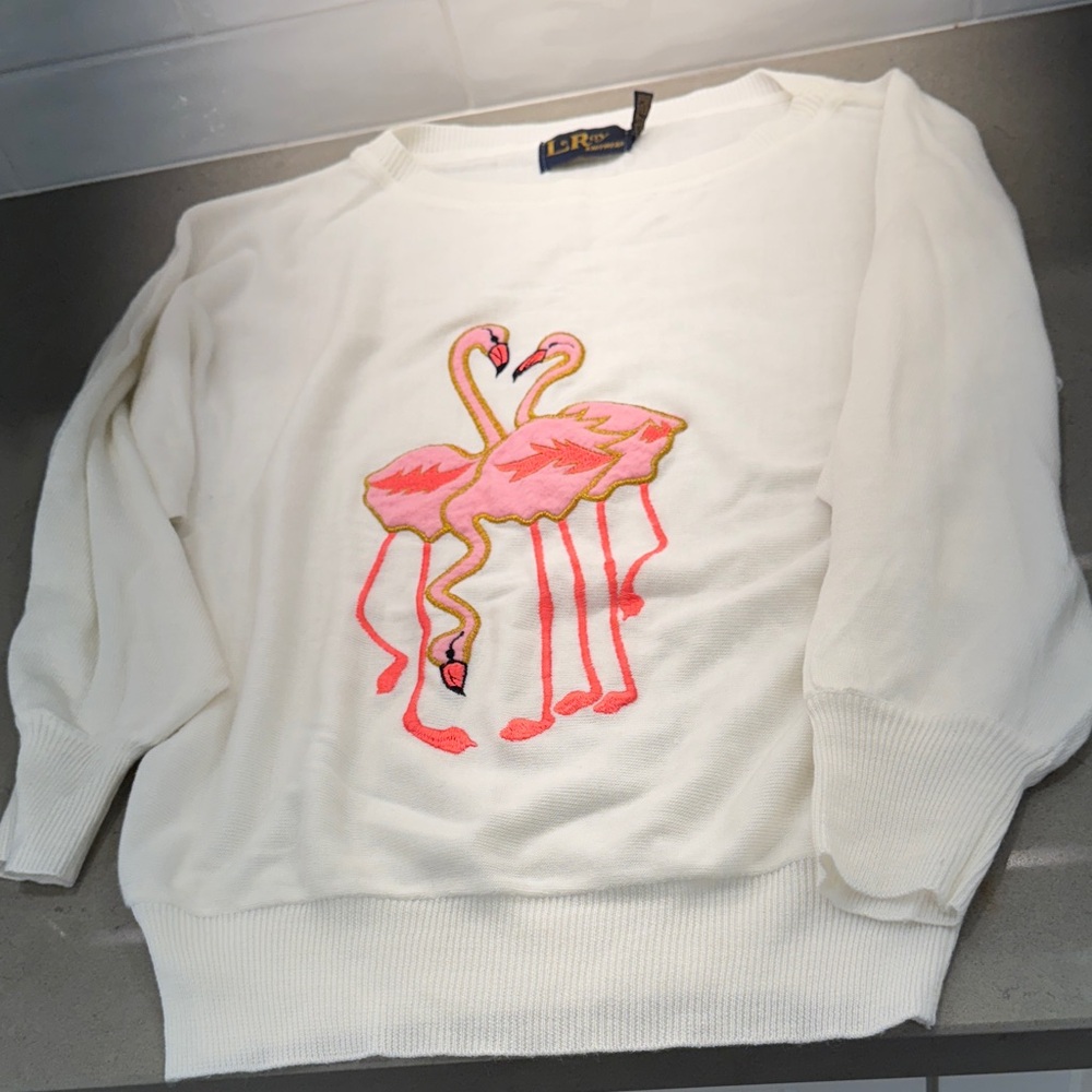 Leroy Vintage Women's white Sweater with Pink Flamingo Design